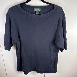 Ralph Lauren Women's 1X Ribbed‎ Knit Short Sleeve Top Navy Quiet Lux Minimalist